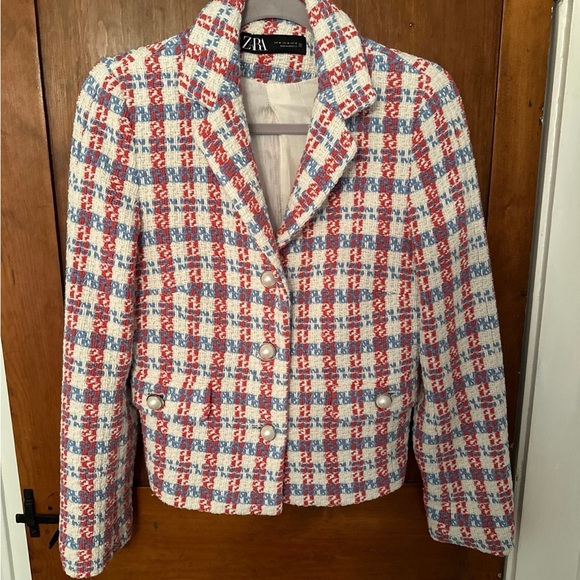 ZARA Red White & Blue Pearl Button Textured Tweed Jacket M Fits S - Picture 3 of 8
